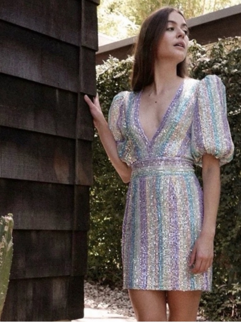 Saylor Indira Rainbow Sequin Puff Sleeve Dress size S